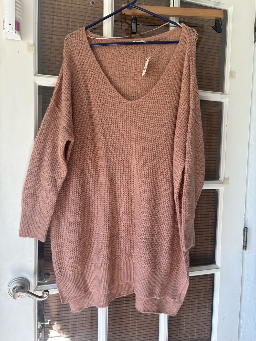 Free People Oversized V-Neck Waffle Knit Sweater Dress in Dusty Rose